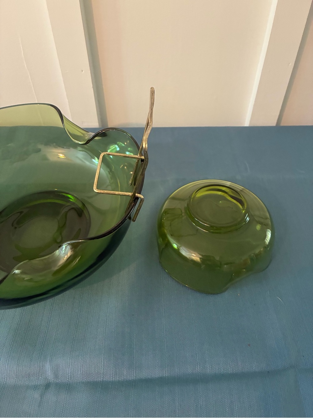 Vintage MCM Anchor Hocking Avocado Green Pinched Glass Chip & Dip Bowl Set 1970s - Picture 5 of 9